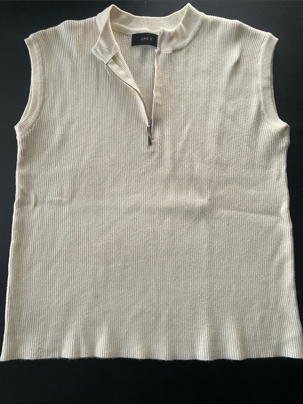 Sleeveless Zip Mock Neck Ribbed Tank Top in Cream